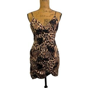 URBAN OUTFITTERS Dress Mini Mixed Animal Smocked‎ Back Spaghetti Strap Bodycon